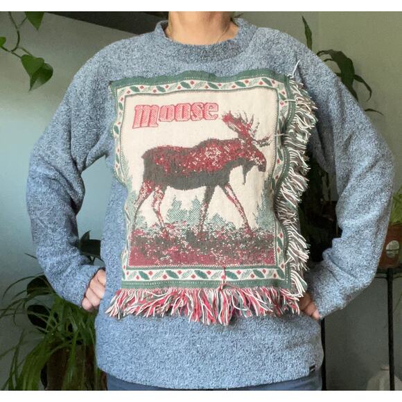 Moose tapestry crewneck sweatshirt, fringed, reworked, upcycled  sz Xl - Picture 1 of 7